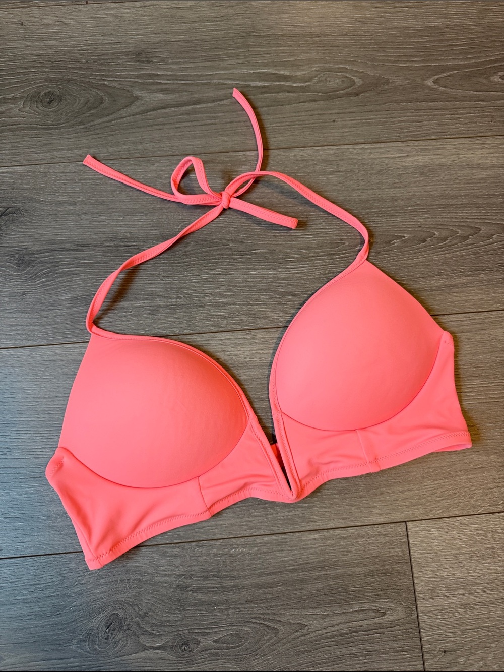 VS PINK Neon Coral Deep Plunge V Halter Swim Bikini Top